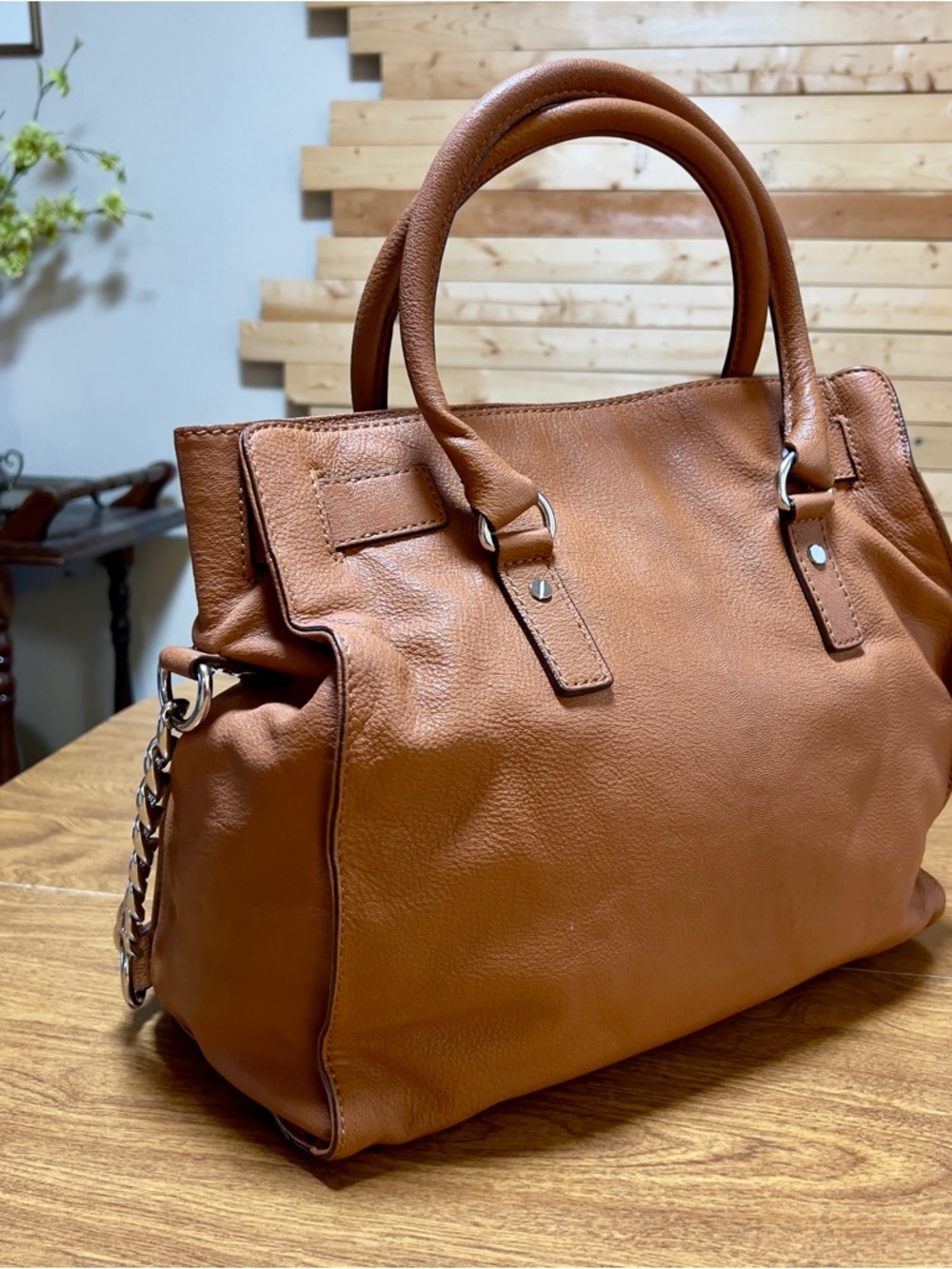 Michael Kors Hamilton Cognac Leather Silver tone Hardware Large Luggage tote Bag - Picture 3 of 11